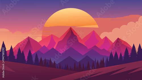 A vibrant digital illustration of a majestic mountain range during a colorful golden sunset sky