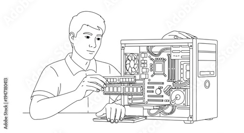 Man installing computer hardware components into open desktop PC tower, line art style isolated on white background