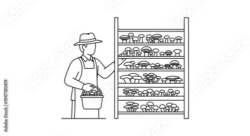 Man in apron holding mushrooms next to shelving unit with various mushrooms flat design isolated on white background