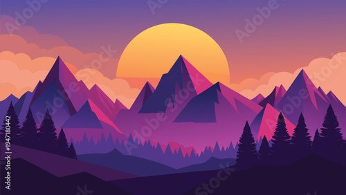 A serene digital illustration featuring a vibrant sunset over a jagged purple mountain landscape
