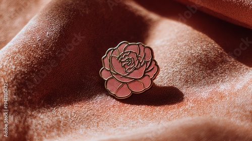 Rose Enamel Pin Displayed on Textured Fabric Background in Warm Tones for Fashion and Accessories Mockup