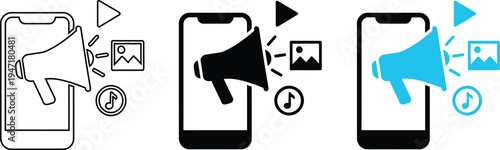 Mobile Digital Marketing Concept with Megaphone and Multimedia Content Vector Icon