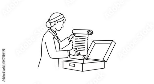 Woman in lab coat examining ancient scroll document next to open box in a flat illustration isolated on white background