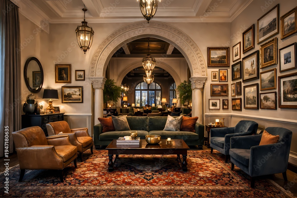 Fototapeta premium Luxury Boutique Hotel Lounge Interior with Elegant Sofa Seating, Persian Rug and Warm Ambient LightingKeywords (50 คำ):