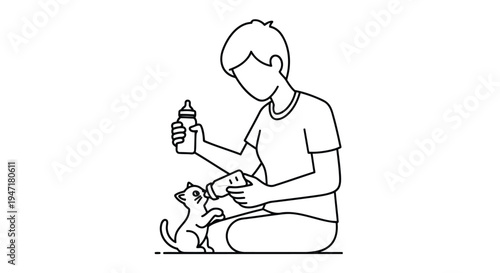 Man sitting on floor feeding kitten with bottle, simple line drawing, flat design isolated on white background