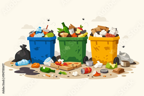 Dirty and overflowing recycling bins with scattered trash, plastic bottles, glass, and food waste on the ground, flat vector illustration representing environmental pollution and waste management.