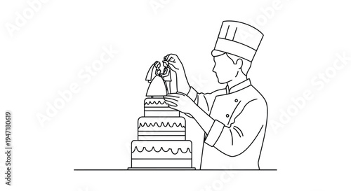 Baker decorating a multi-tiered cake with icing and a decorative topper in a continuous line drawing style isolated on white background