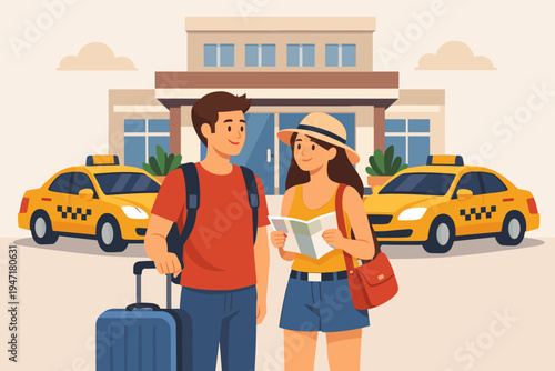 Couple of Tourists Arriving at Hotel with Luggage and Map, Two Yellow Taxis Parked in Front of Modern Building, Flat Vector Illustration of Man and Woman Starting Their Vacation Trip.