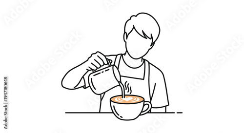 Man pouring coffee into a cup, flat line illustration of a barista at work isolated on white background