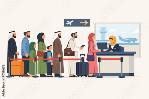Muslim travelers in traditional clothing queuing at an airport check-in counter. Islamic family and individuals with suitcases waiting for flight boarding or ticket purchase. Flat vector.