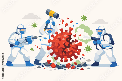 Medical Staff in Protective Hazmat Suits Destroying the Coronavirus with Giant Syringe, Hammer, and Disinfectant Spray, Flat Vector Illustration of Healthcare Workers Fighting COVID-19 Pandemic