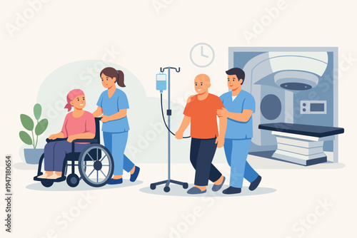 Medical Assistants Helping Cancer Patients for Radiotherapy Treatment, Female Patient in Wheelchair and Male Patient with IV Drip Supported by Nursing Staff in Oncology Clinic Flat Illustration