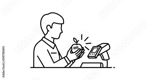 Man scanning an apple at a checkout counter in a flat line art style isolated on white background