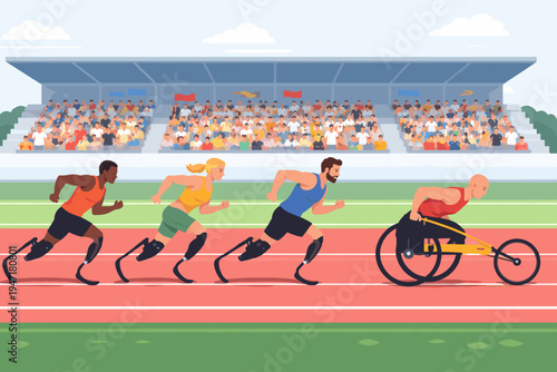 Paralympic athletes with prosthetic running blades and a racing wheelchair competing on a track in a crowded stadium. Flat vector illustration of inclusive sports competition and determination.