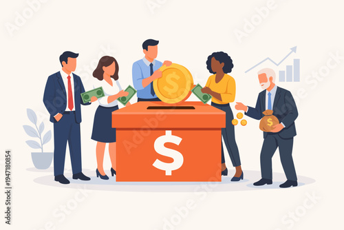 Diverse business team putting money, coins, and bills into a large donation box for collective investment, crowdfunding, or charity, featuring a growth chart background in flat vector style.