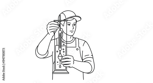 Man worker holding oil dipstick checking engine oil level flat illustration isolated on white background