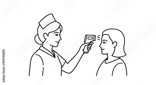 Nurse using thermometer on patient face in hospital setting with flat design isolated on white background