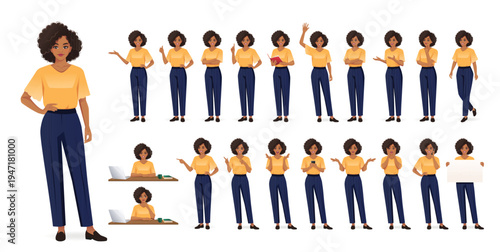 Large collection of young business African American woman with afro hairstyle in various poses, standing and sitting at office desk. Isolated vector illustration character set