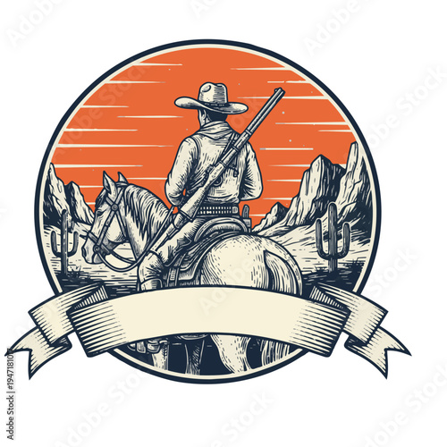 Photos Cowboy rides horse through desert landscape with rifle and banner
