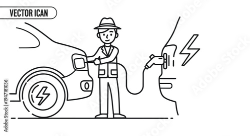 Man charging electric car with plug in hand flat design isolated on white background