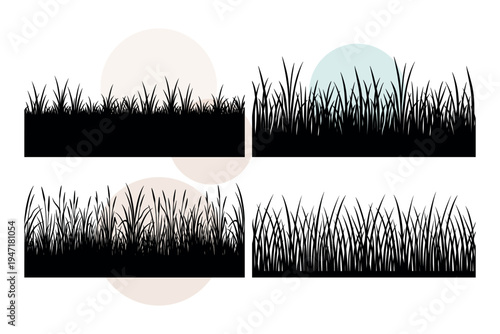 Vector set of thick lawn grass and pointed blade silhouettes. Dense turf borders and garden groundcover elements for landscape architecture. Black vector illustration design