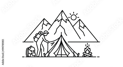 Minimalist line drawing of a person setting up a tent in front of mountains with a campfire and sun isolated on white background