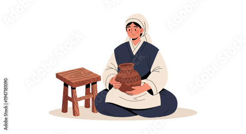 Smiling Artisan Woman in Traditional Robes Holding Earthenware Clay Pot. Historical Craft Vector Illustration Isolated on White Background.