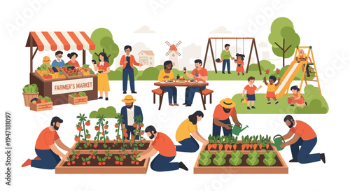 Community Garden and Farmer's Market: Diverse Group Growing Vegetables, Shopping Local Produce, Eating, and Kids Playing.