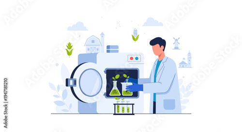 Agricultural Biotechnology Research: Scientist Cultivating Genetically Modified Plants in Laboratory Incubator for Crop Science and Sustainable Farming.