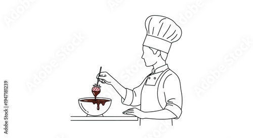 Chef dipping strawberry in chocolate sauce, flat illustration isolated on white background