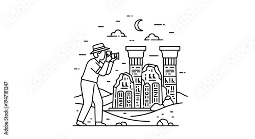 Man taking photo of castle at night with moon and clouds flat illustration isolated on white background