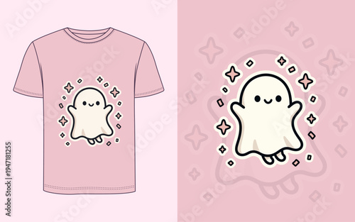 A charming and whimsical ghost character illustration adorning a pink t-shirt. The playful design is perfect for apparel, children's products, or Halloween-themed projects.
