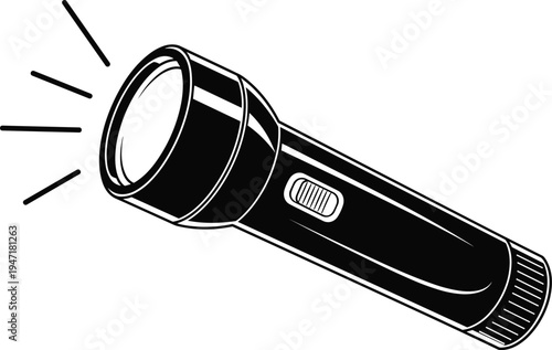 Black and white vector illustration of a modern hand held flashlight emitting light rays isolated on white background for emergency lighting concepts,