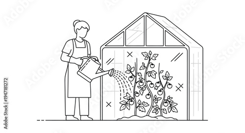 Man watering plants in a greenhouse with a watering can, line art style isolated on white background