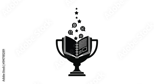 black trophy cup with open book and symbols rising