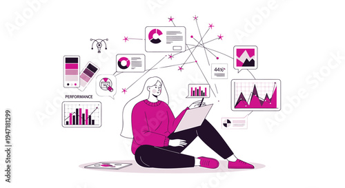 Vector illustration of woman analyzing data and statistics