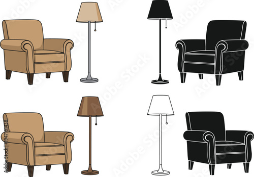 Armchair and floor lamp furniture set, living room seating with standing lamp icons, interior home decor vector illustration collection