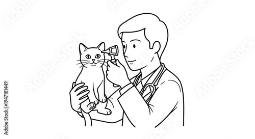 Veterinarian examining cat with otoscope in hand, simple line drawing, flat design isolated on white background