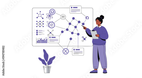 Vector illustration of woman analyzing business strategy diagram