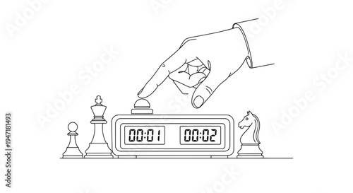 Hand moving chess piece on timer board with pawns and chess pieces in minimalist line art style isolated on white background