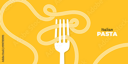 Spaghetti on fork. Italian food background. Abstract menu poster. World pasta day. Wave spaghetti lines. Italian cuisine packaging. Trendy bright yellow typography. Vector illustration art