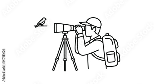 Man with backpack looking through telescope at bird, simple line art illustration isolated on white background