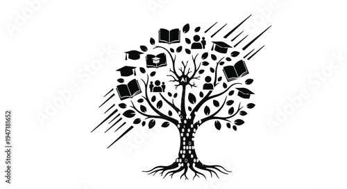tree with flying books and leaves