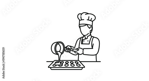Chef pouring batter into baking tray, flat line illustration of cooking process isolated on white background