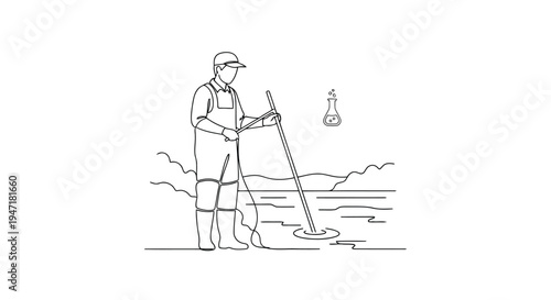 Man in overalls using a metal detector on a beach with a flask nearby, one line drawing isolated on white background