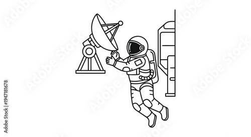 Astronaut floating in space adjusting satellite dish antenna with space station module behind him in a flat line art isolated on white background