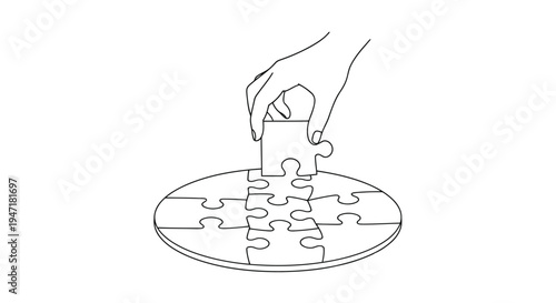 Hand placing puzzle piece on circular jigsaw puzzle flat design isolated on white background