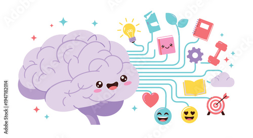 Vector illustration of smiling brain with creative ideas and emotions