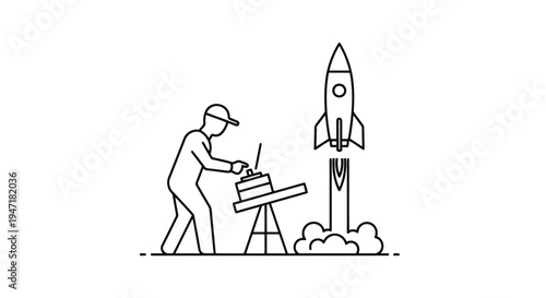 Man launching rocket from wooden launchpad in flat line art style isolated on white background
