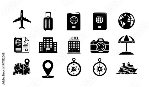 Vacation travel icons black silhouette tourism symbol vector collection isolated on white